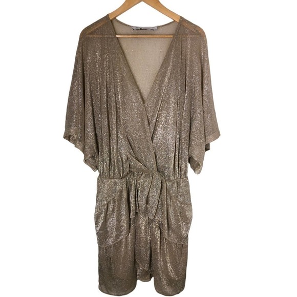 IRO Sheer Gold Wide Dress Mini Shimmering Tiered V-neck US 6 - Picture 3 of 12